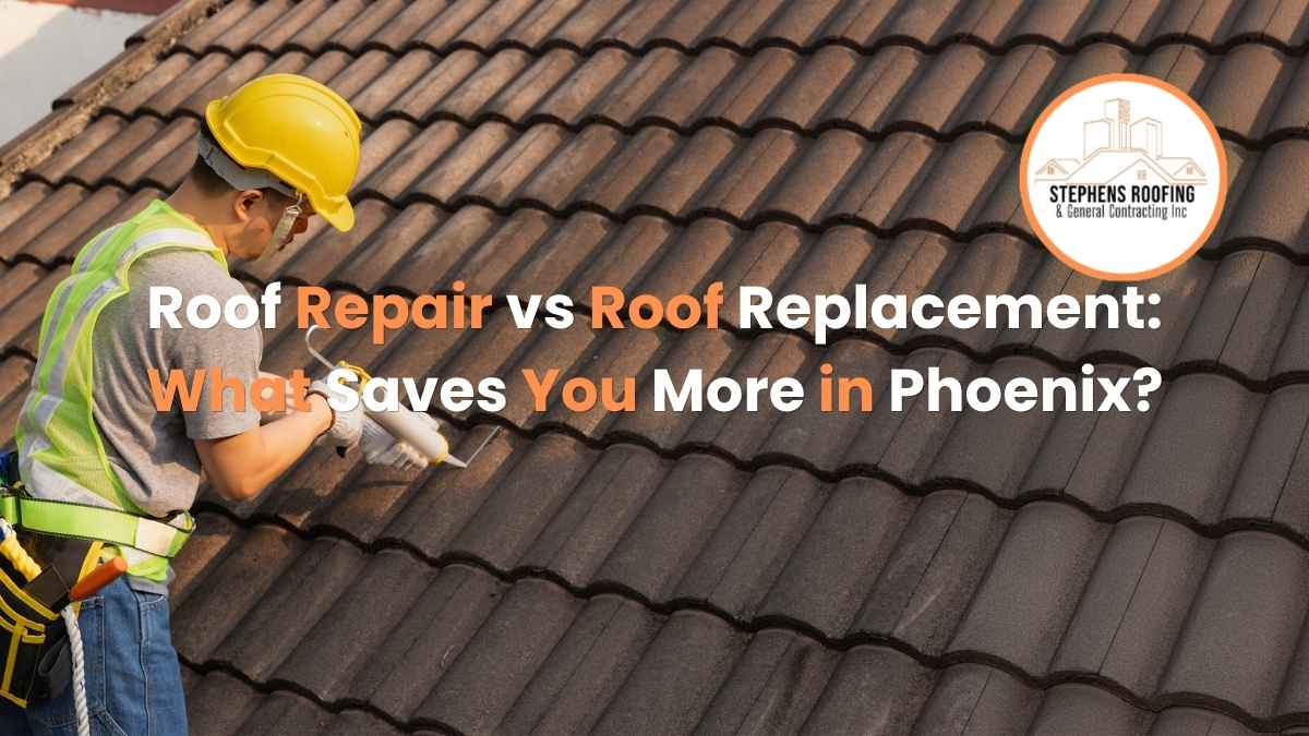 Side-by-side of a roof repair and a full roof replacement on a Phoenix home